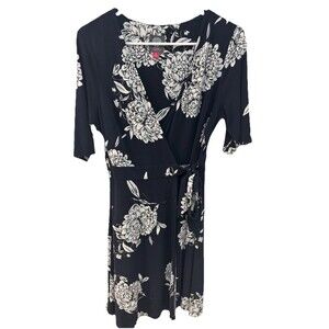 Vince Camuto Womens Dress Faux Wrap V Neck Short Sleeve Floral Navy Blue size 10